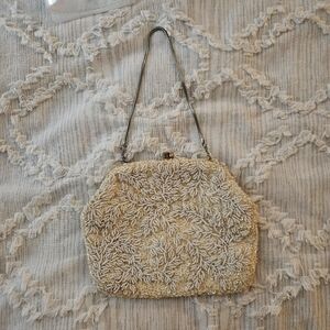Vintage beaded evening bag handbag purse small ivory white retro elegant chain